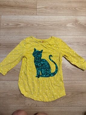 Girls' Yellow Polka Dot Sequin Cat Long-Sleeve Top Size 10-12